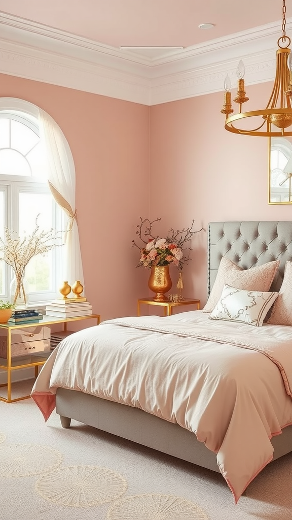 A beautifully styled bedroom featuring metallic touches in decor.