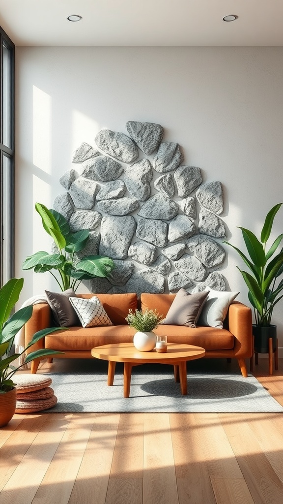 A cozy modern living room with natural elements including plants and a stone wall.