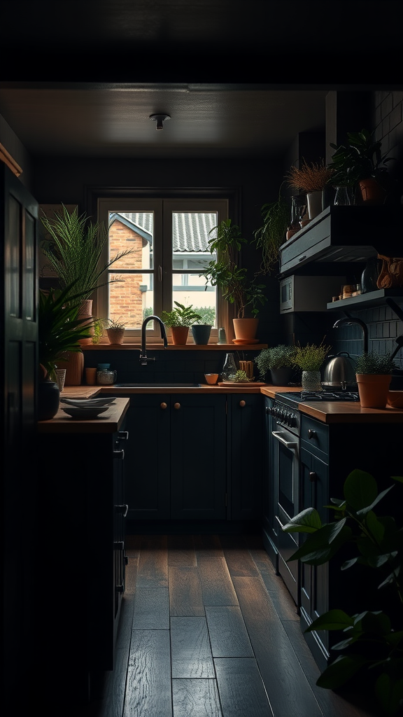 A dark kitchen filled with various plants on shelves and countertops, creating a cozy atmosphere.