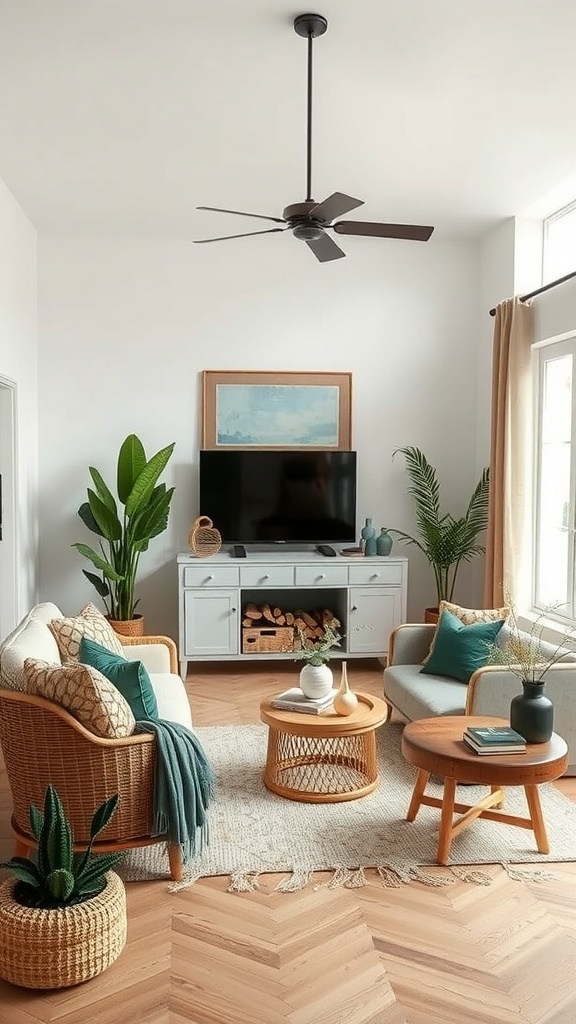 A bright living room featuring natural materials, including a wooden coffee table, rattan chairs, and various indoor plants.