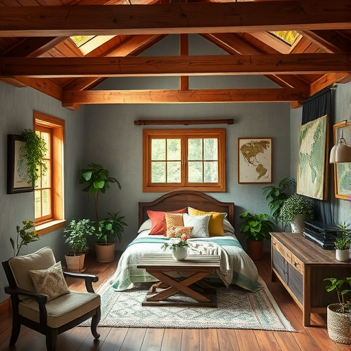 A cozy room with wooden beams, a bed with colorful pillows, plants, and a large window.