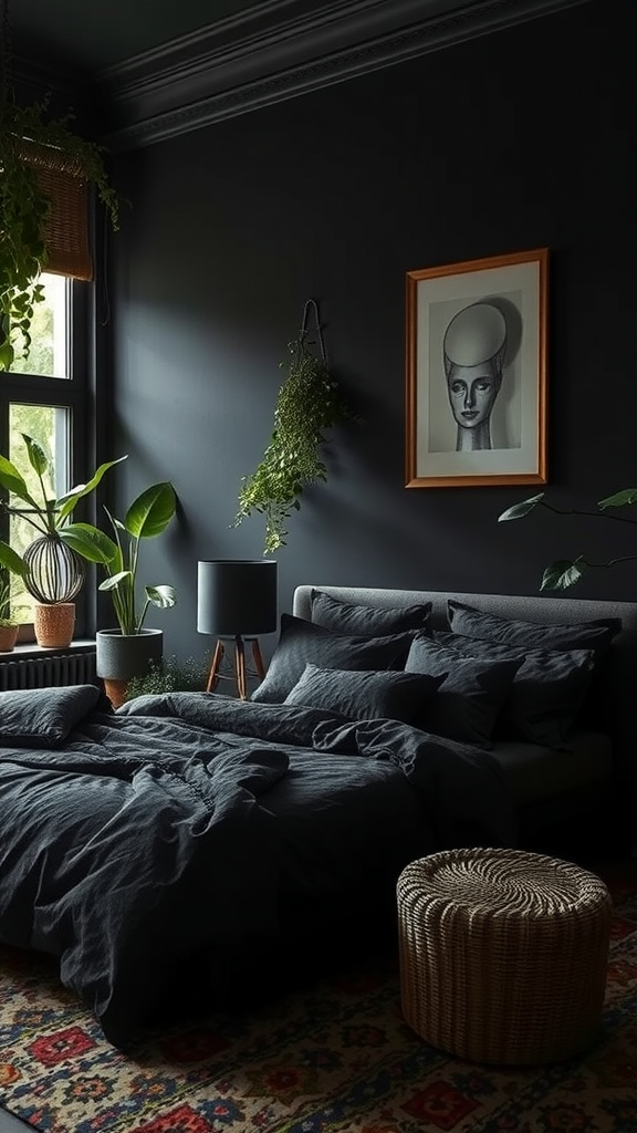 A cozy bedroom with dark green walls, plants, and dark bedding.