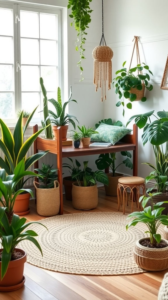 A bohemian-inspired playroom with plants, wooden furniture, and a cozy vibe.