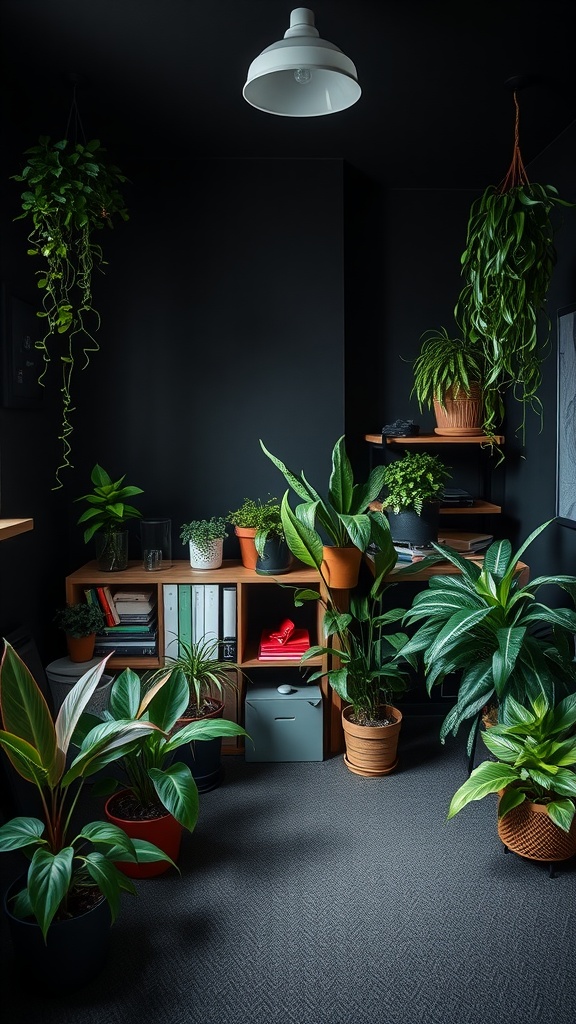 Aesthetic black dorm room with various plants arranged on shelves and the floor.