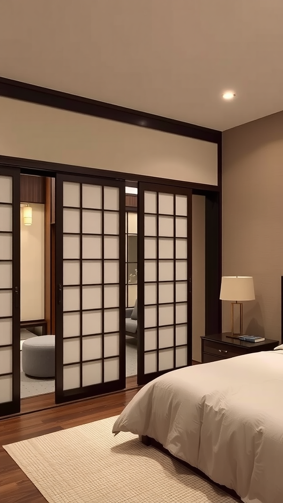 A serene bedroom featuring sliding Shoji screens that separate spaces.