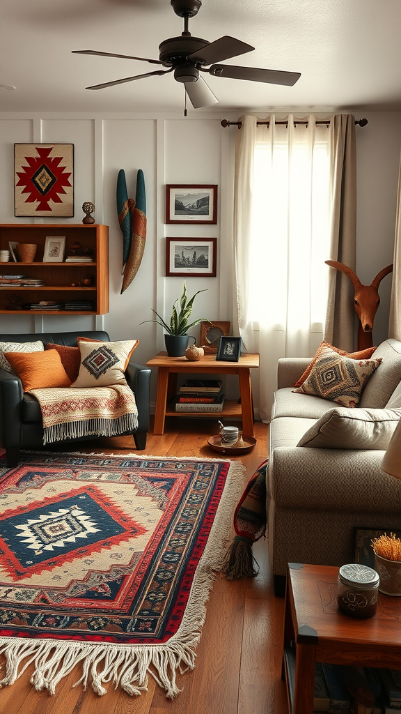 A cozy ranch-style living room featuring Southwestern patterns in decor.