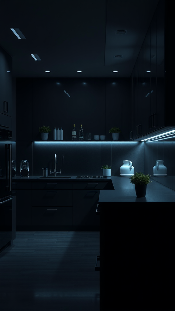 A modern dark kitchen with sleek design and ambient lighting.