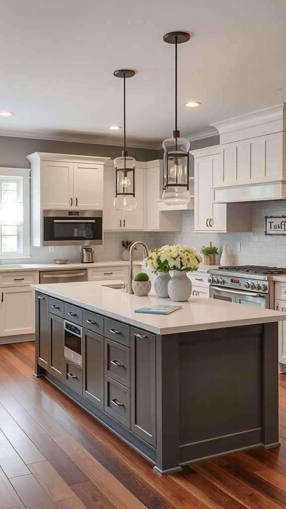 Modern farmhouse kitchen with a stylish island and tech features.