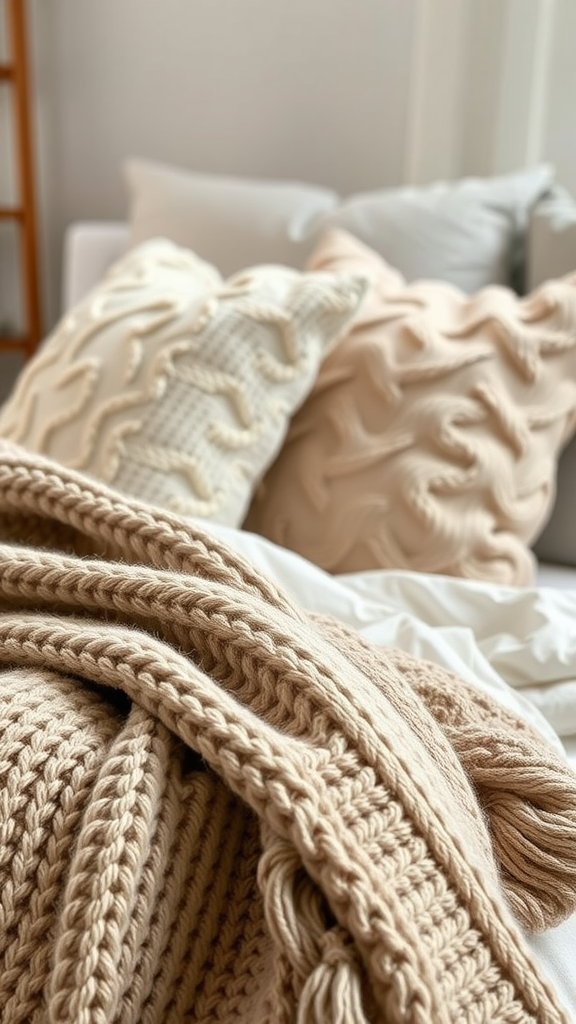 A cozy arrangement of knitted blankets and textured pillows on a sofa.