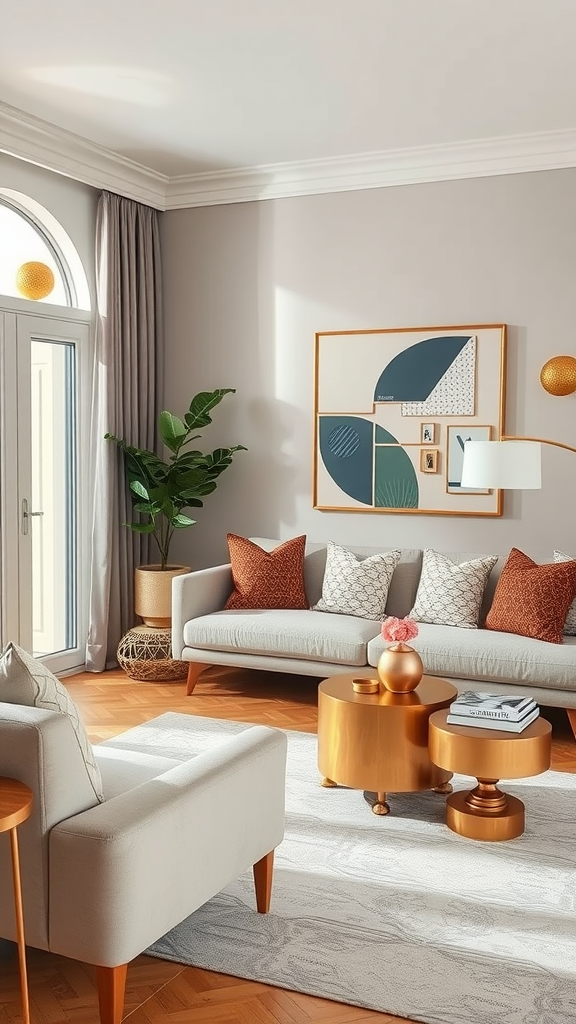 Cozy living room with warm colors and metallic accents