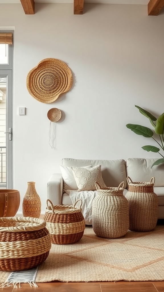 Stylish living room with woven decor elements including baskets and wall art.