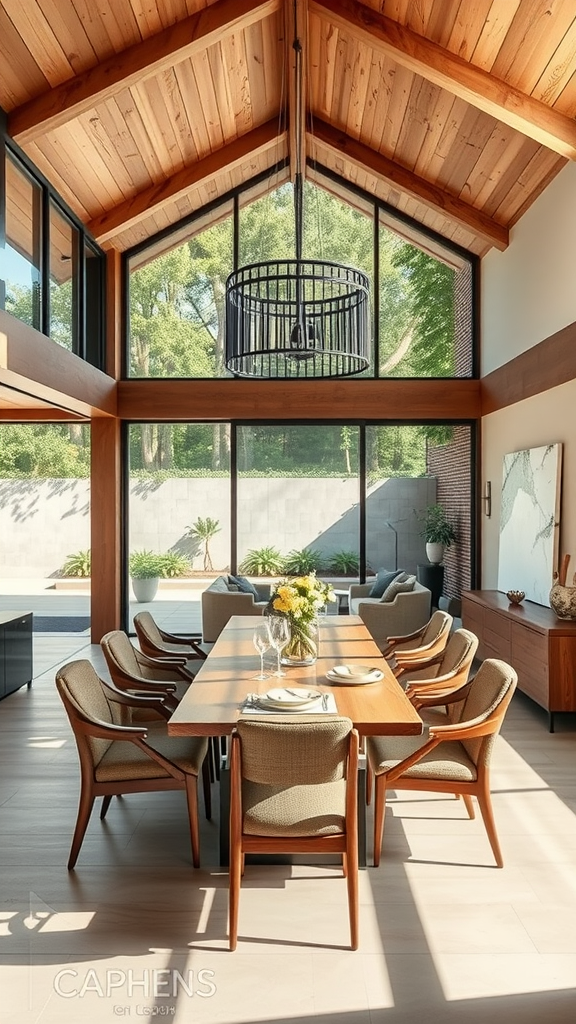 A bright dining room featuring a long wooden table with chairs, large windows, and natural light.