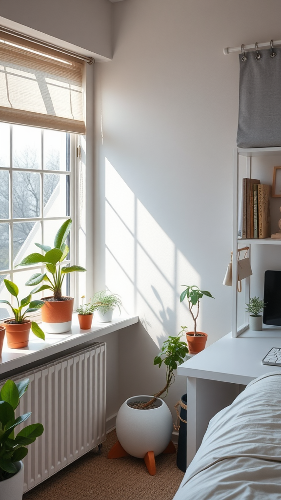 A bright, minimalist dorm room with various indoor plants on a windowsill.