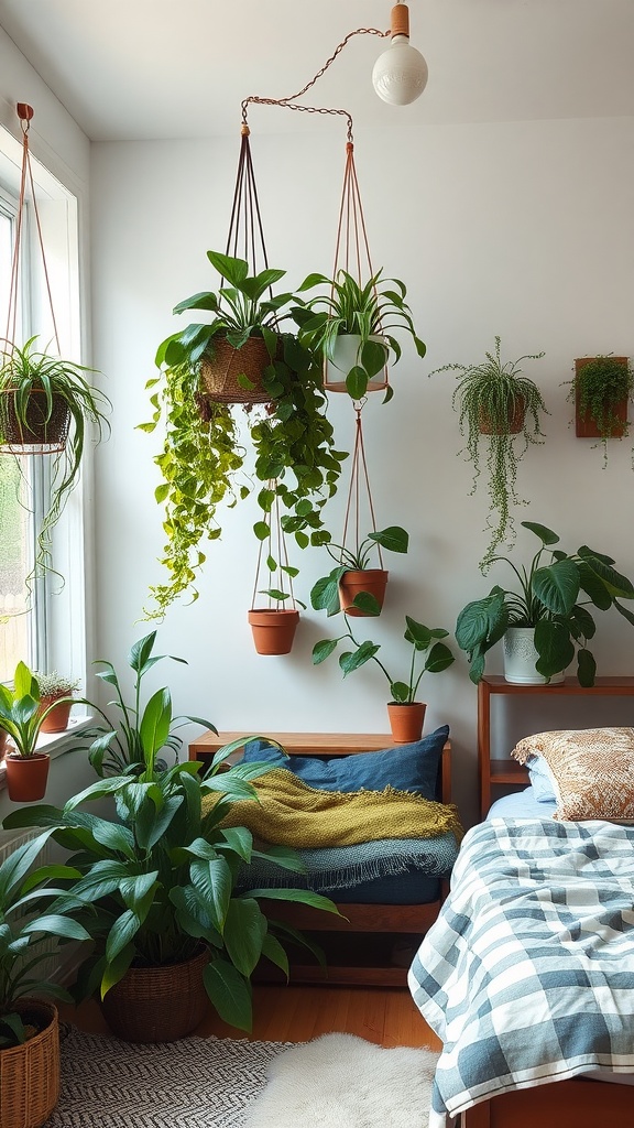 A cozy dorm room decorated with various indoor plants, showcasing greenery in hanging pots and on shelves.