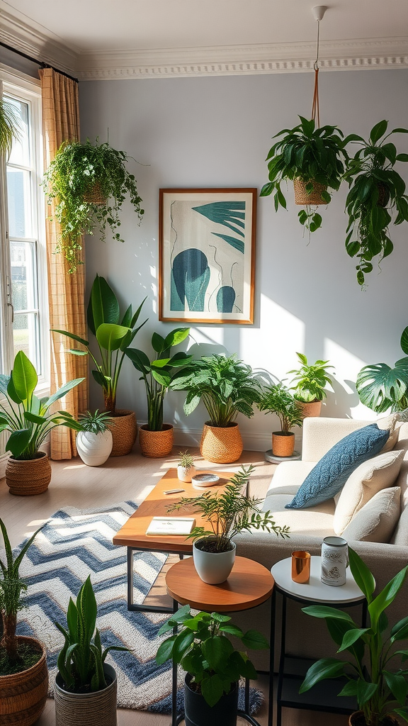 A cozy living room filled with various indoor plants, featuring a comfortable seating area and natural light.