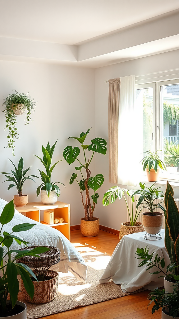 A cozy bedroom filled with various indoor plants, creating a fresh and lively atmosphere.