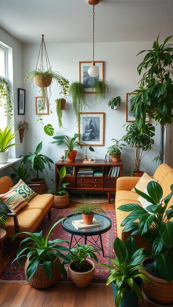 A vintage boho living room filled with various indoor plants, showcasing a cozy and inviting atmosphere.