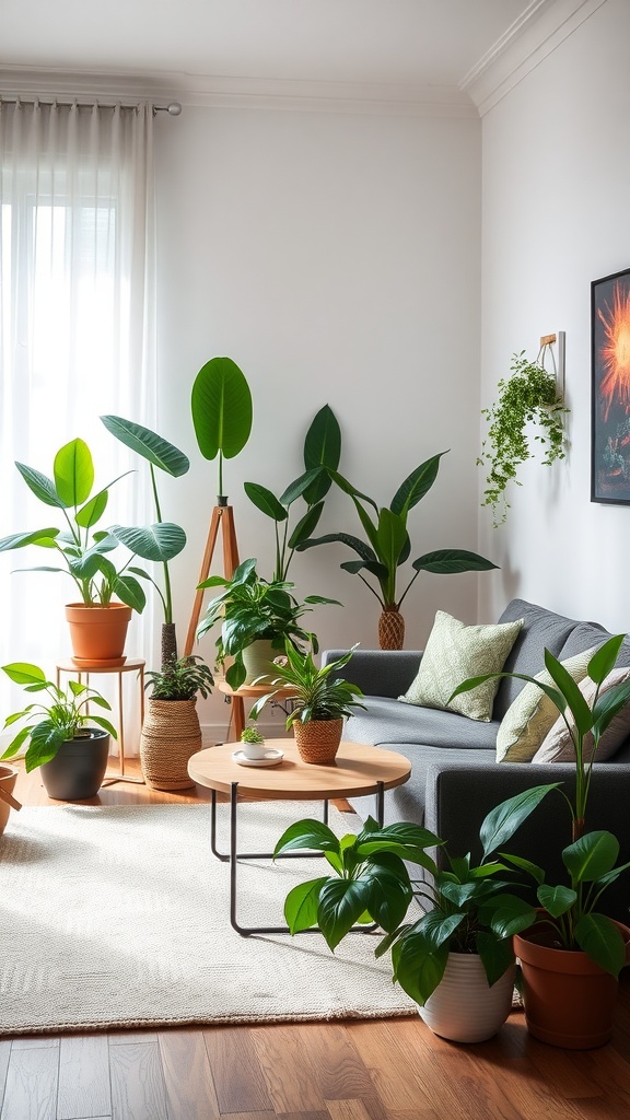 A cozy living room filled with various indoor plants and a comfortable sofa.