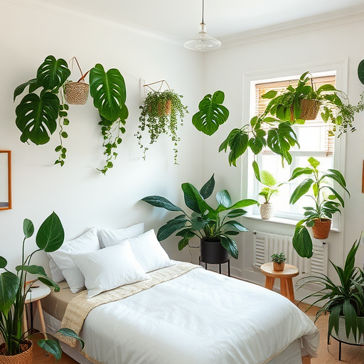 A bright bedroom featuring various indoor plants, creating a fresh and inviting atmosphere.