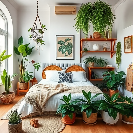 A cozy bedroom filled with various indoor plants, including hanging plants and potted greenery.