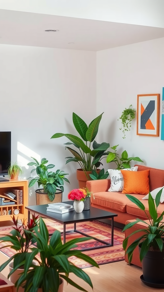 A bright living room filled with various indoor plants, showcasing a cozy sofa and a stylish coffee table.