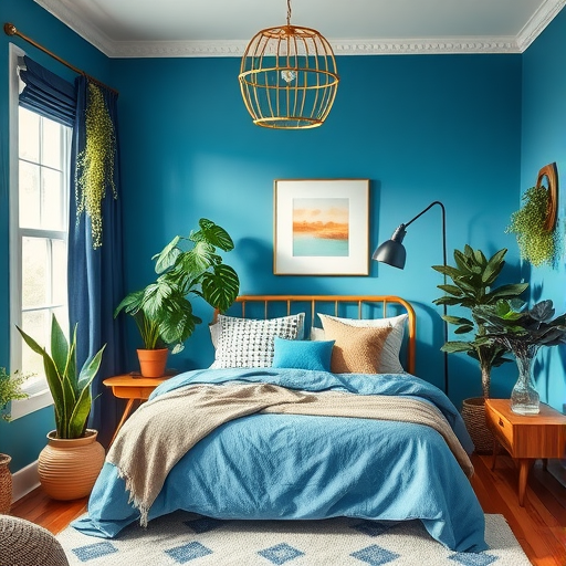 A cozy bedroom with blue walls, a comfortable bed, and several indoor plants enhancing the decor.