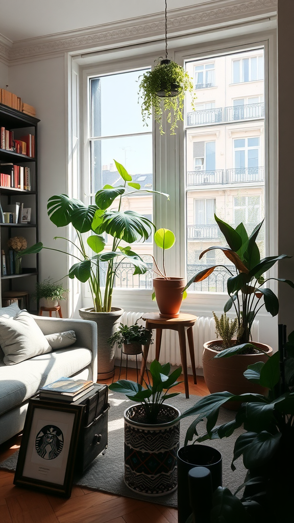 A bright living room with various indoor plants, featuring a cozy sofa, bookshelves, and large windows.