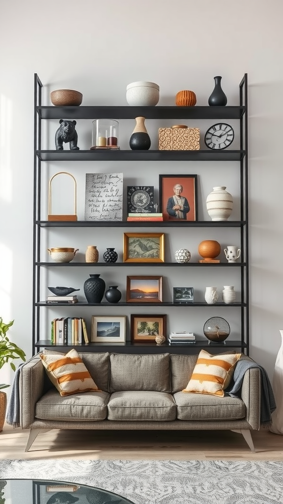 Industrial-style shelving with decorative elements above a couch.