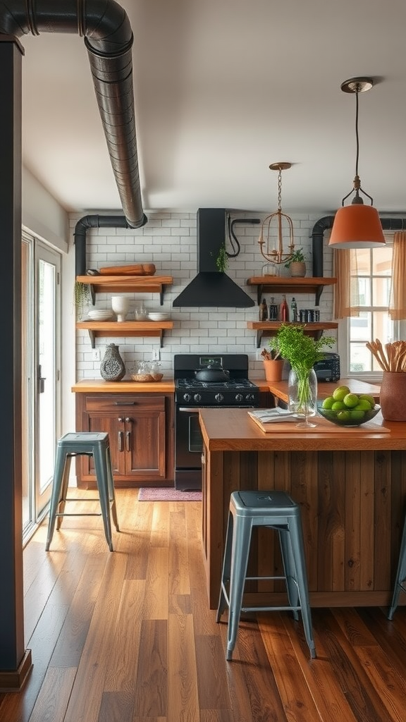 A rustic farmhouse kitchen with industrial accents, featuring metal light fixtures and exposed piping.