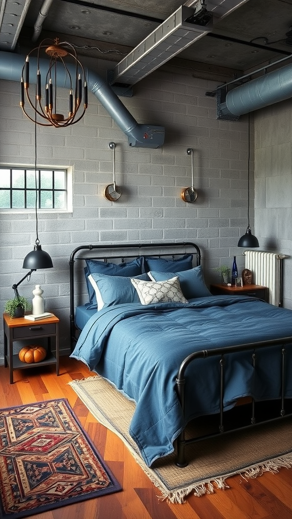 A cozy bedroom with blue walls, gray bedding, and industrial lighting.