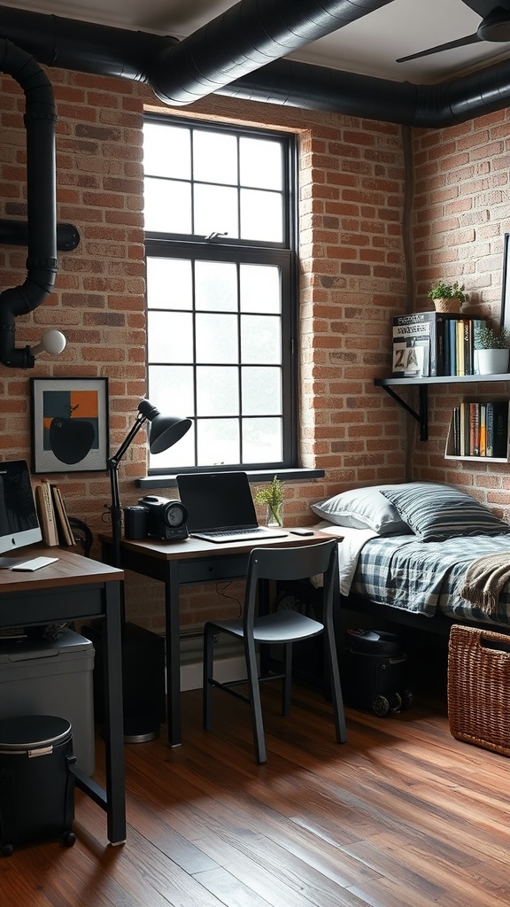 A cozy black-themed dorm room with industrial decor, featuring exposed brick walls, a desk with a laptop, and a bed with a plaid blanket.