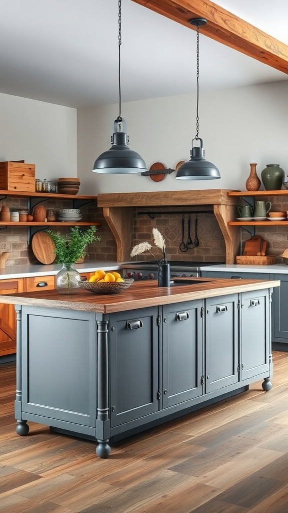 A farmhouse kitchen island featuring industrial elements, including metal lights and a wood countertop.