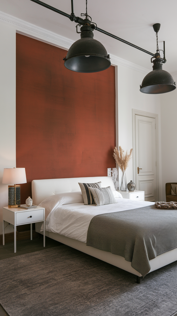 A modern bedroom featuring industrial lighting fixtures with a black and rust color scheme.