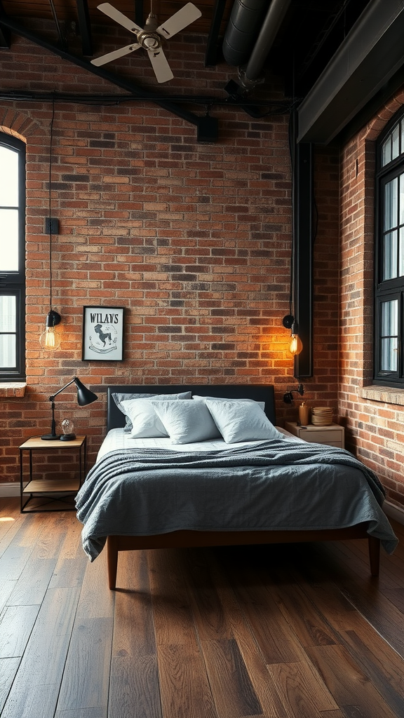 An industrial style bedroom with exposed brick walls, a wooden bed, and modern lighting.