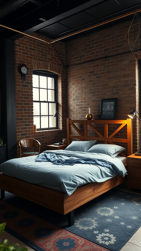 A cozy industrial style bedroom featuring a wooden bed, exposed brick walls, and metal accents.