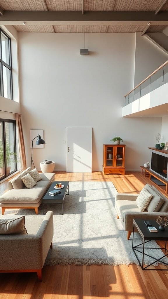 A modern living room with innovative furniture designs, featuring clean lines and a cozy layout.