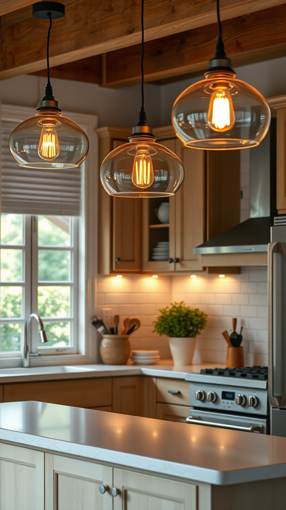 Stylish pendant lights hanging above a kitchen counter.