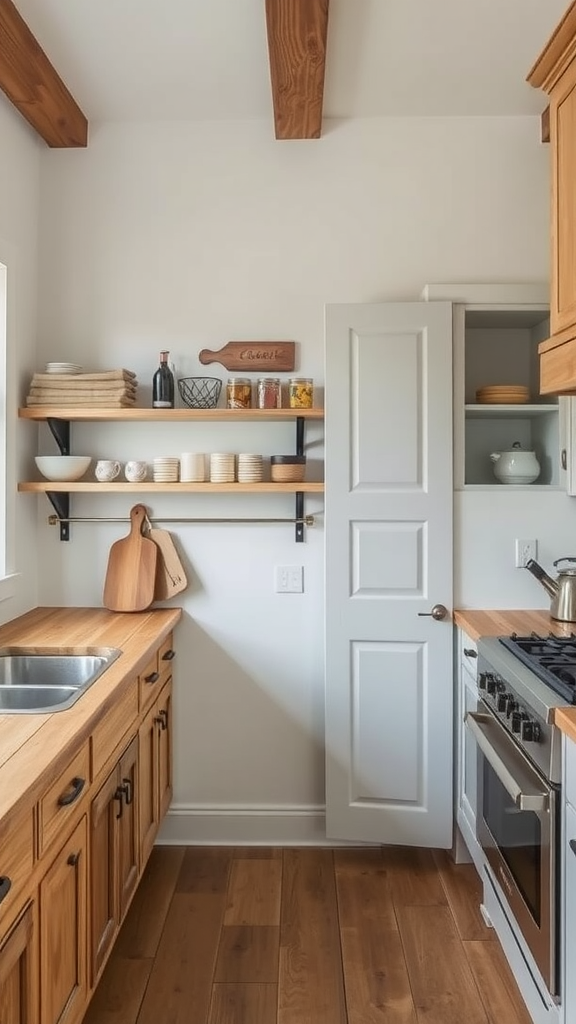 A rustic farmhouse kitchen with wooden cabinets and open shelving.