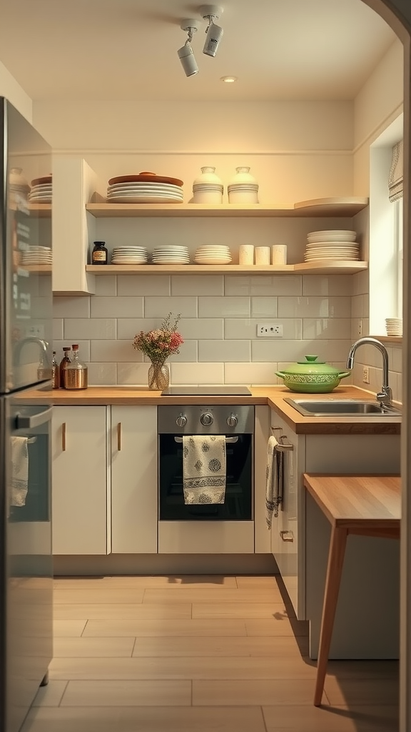 A modern kitchen with open shelves, neatly arranged dishes, and a small dining table.