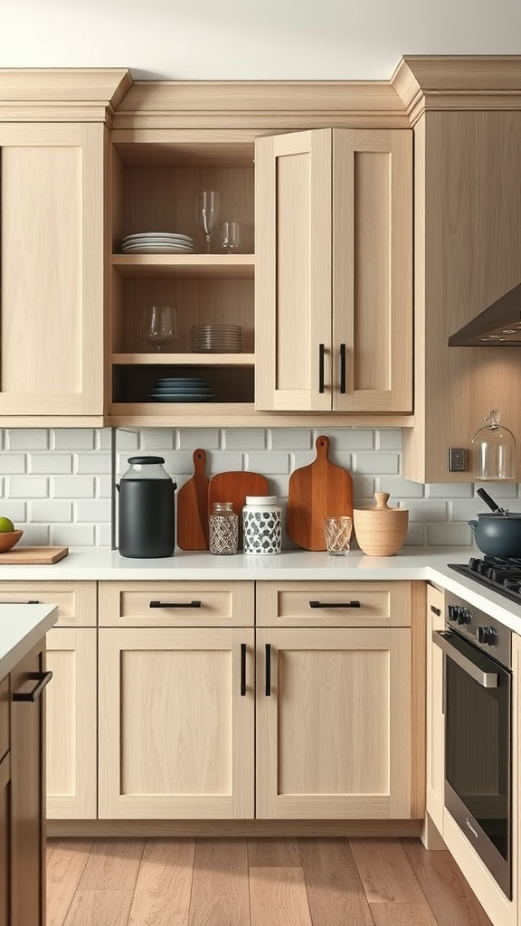 White oak kitchen cabinets with open shelving and functional storage