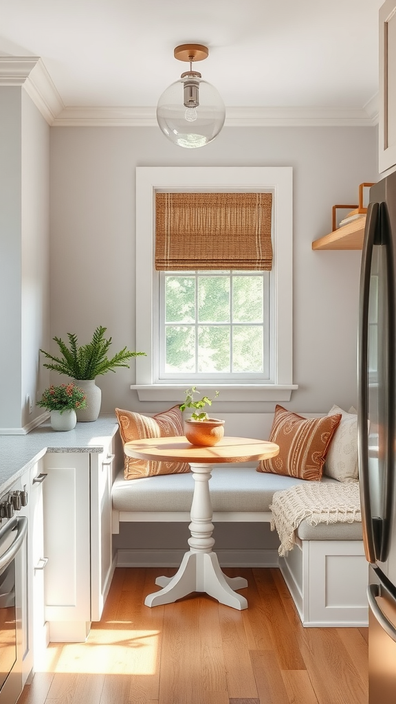 A bright and cozy kitchen nook with a small round table, comfortable seating, and plants.