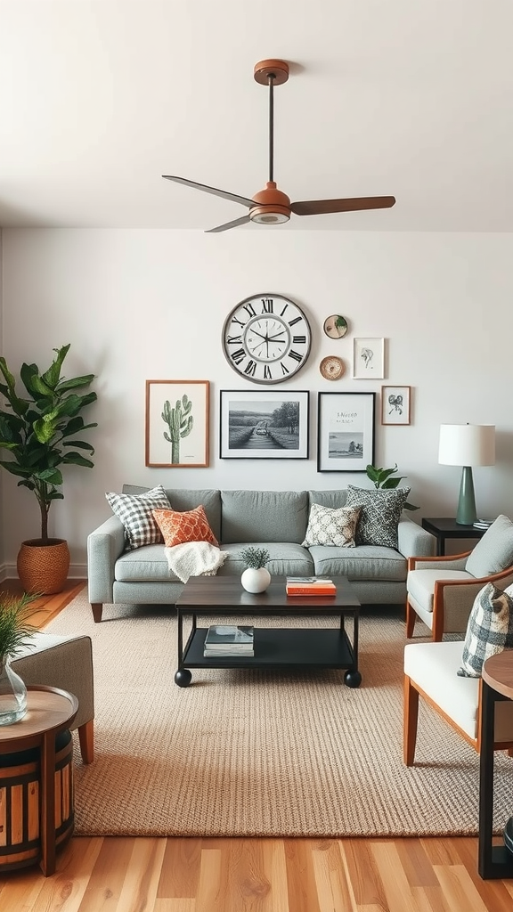 A cozy ranch-style living room with wall decor, plants, and comfortable seating.