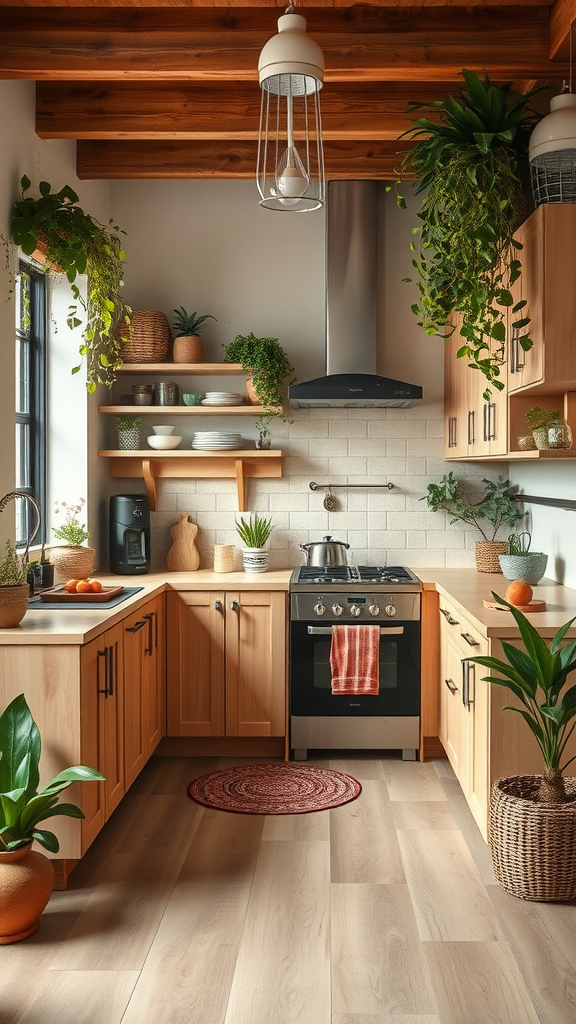 Bright kitchen featuring lightwood cabinets, plants, and a cozy atmosphere