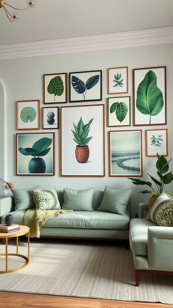 A gallery wall featuring plant-themed art in a green living room with matching furniture.