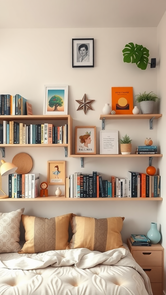 Cozy single dorm room with wall-mounted shelves displaying books and decorative items.