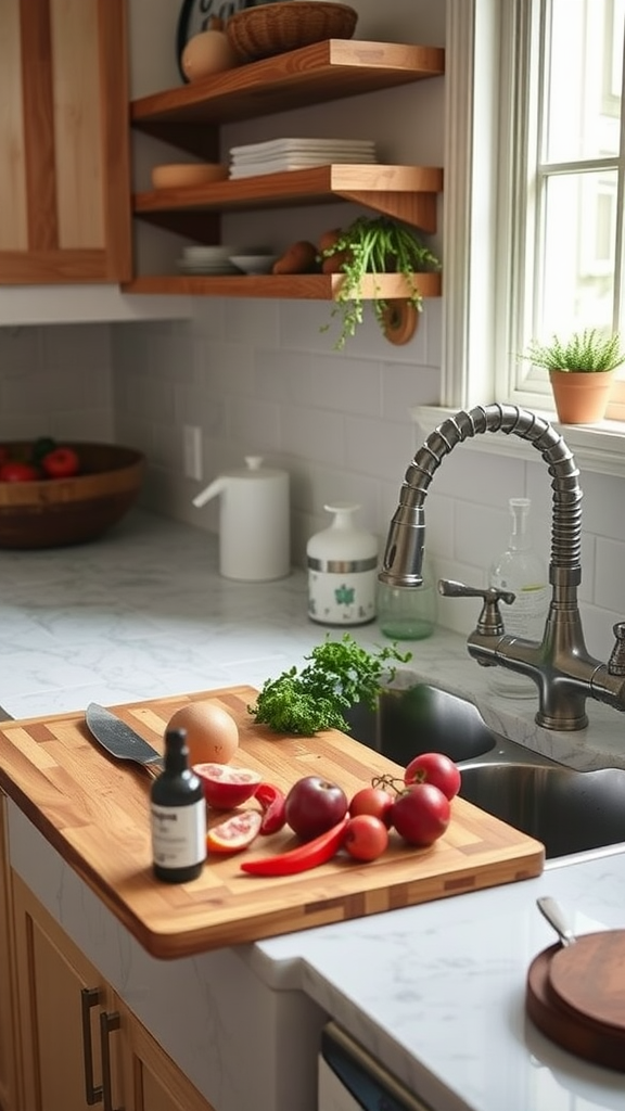 A kitchen scene featuring a cutting board with fresh ingredients next to a farmhouse-style sink.