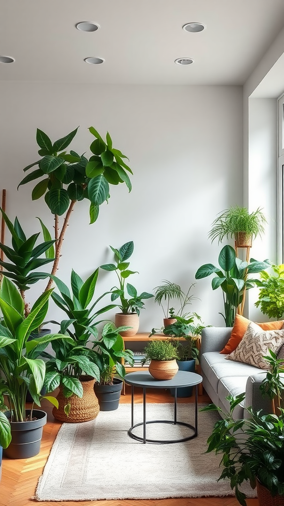 A cozy living room filled with various indoor plants, showcasing greenery and natural decor.