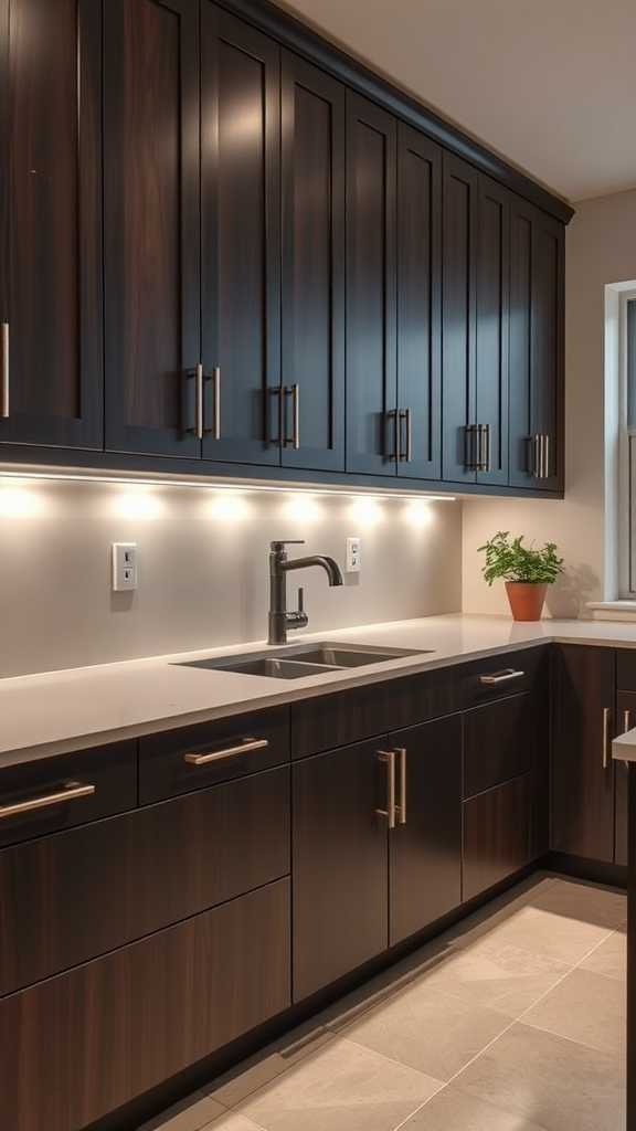 Modern kitchen with espresso cabinets and under-cabinet lighting.