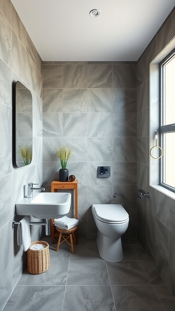 Modern luxury bathroom with integrated storage solutions, including a stylish wooden shelf and decorative basket.