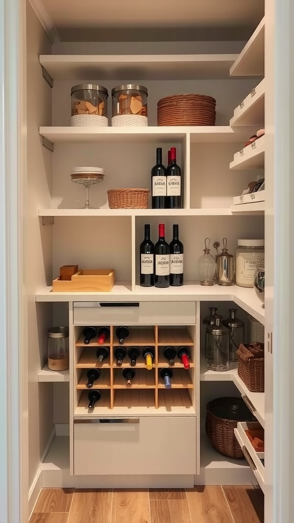 A stylish corner kitchen pantry with a wine rack, showcasing organized bottles and various storage options.